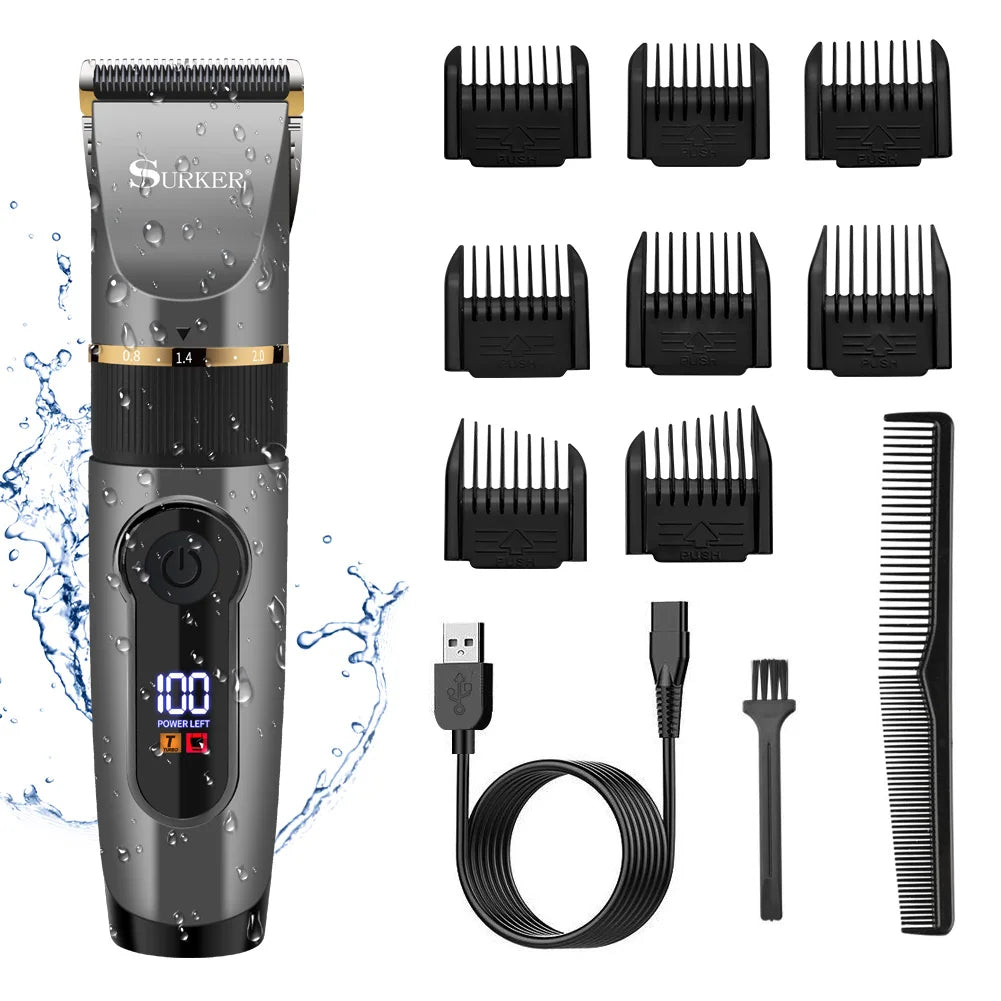 Professional Hair Clipper Ceramic Blade Male Hair Trimmer LED Display Haircut Machine USB Charging