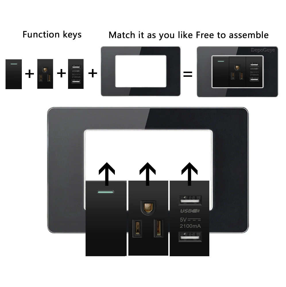 American Thai Standard USB Type-C 20W Fast Charging Power Outlet, Mexico with Smart USB C 3A Socket Wall Electric Light Switch