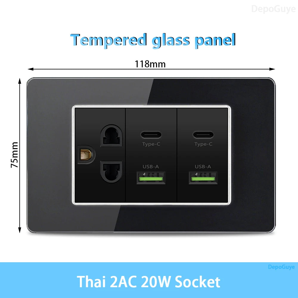 American Thai Standard USB Type-C 20W Fast Charging Power Outlet, Mexico with Smart USB C 3A Socket Wall Electric Light Switch
