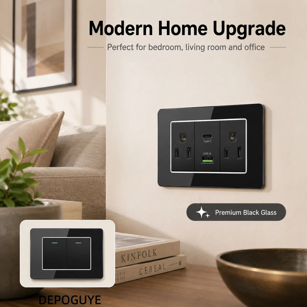 American Thai Standard USB Type-C 20W Fast Charging Power Outlet, Mexico with Smart USB C 3A Socket Wall Electric Light Switch