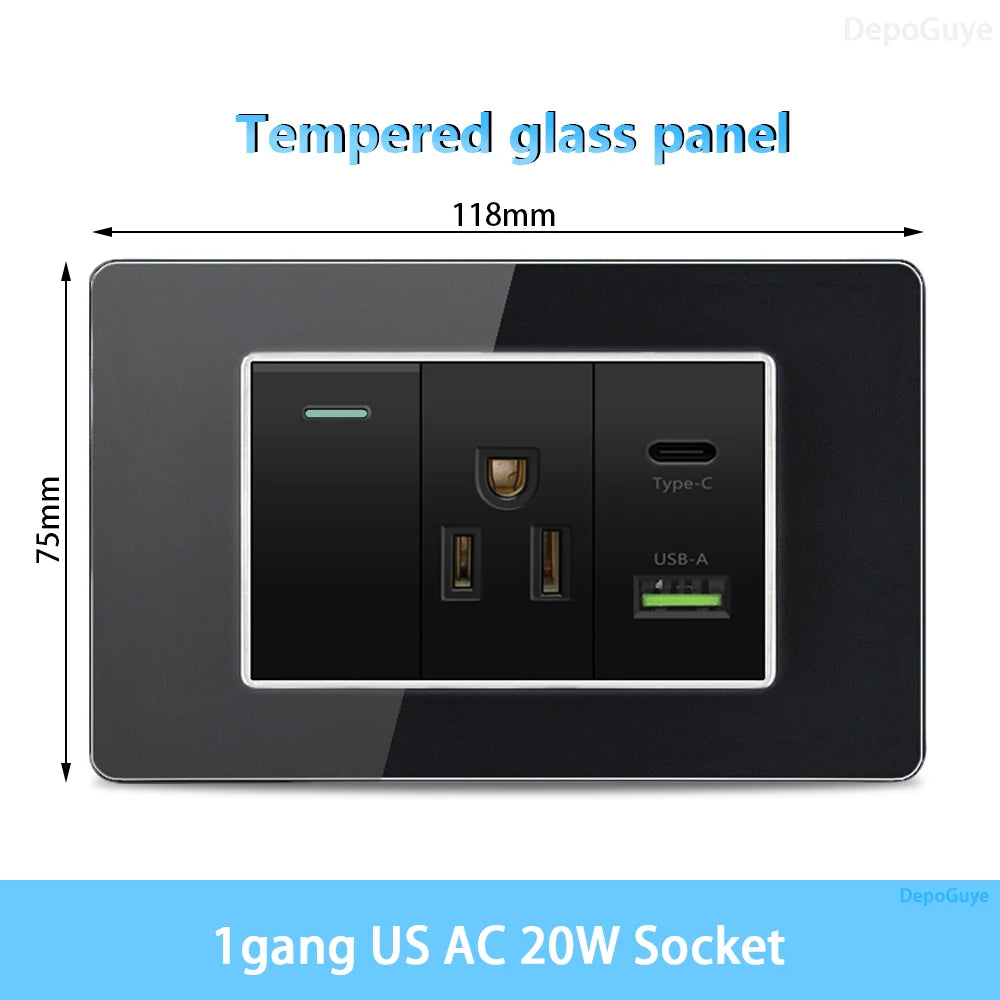 American Thai Standard USB Type-C 20W Fast Charging Power Outlet, Mexico with Smart USB C 3A Socket Wall Electric Light Switch