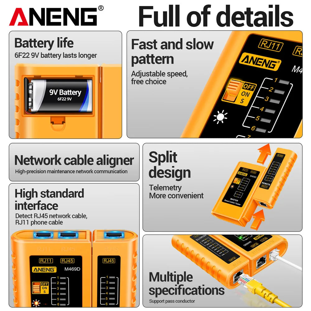 Professional Network Analyzer Tester M469D Cable LAN RJ45 RJ11 RJ12 CAT5 UTP LAN Cable Tester Networking Tool Network Repair Too