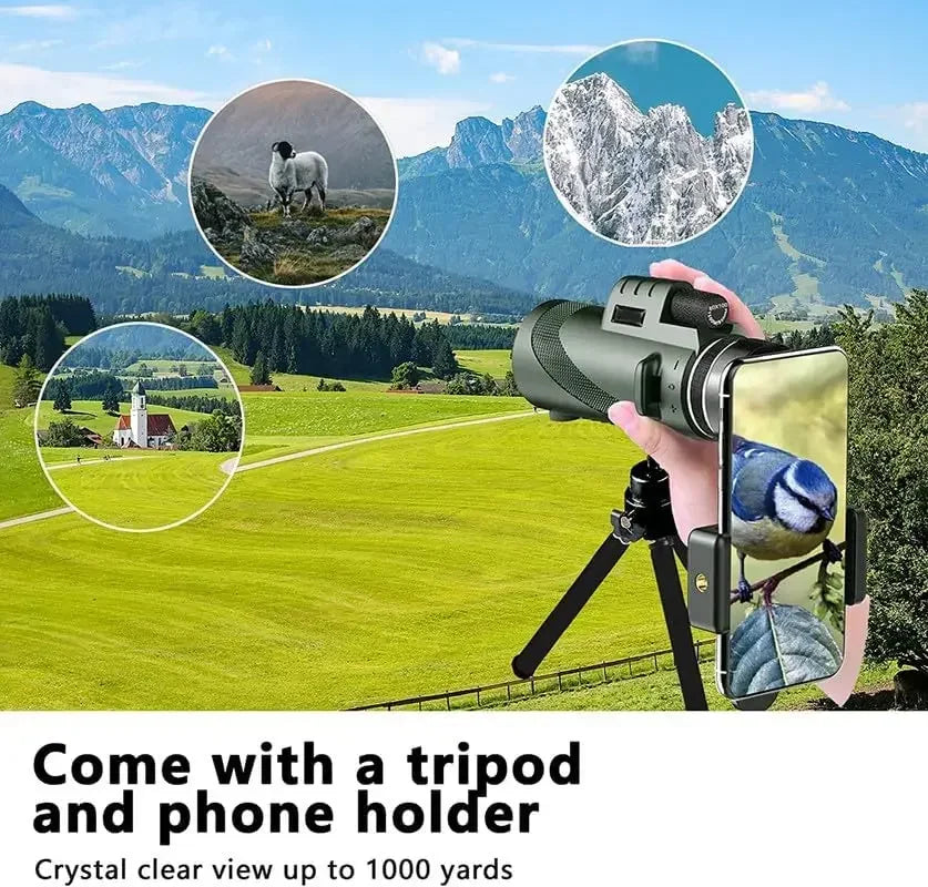 80x100 HD Monocular for Smartphone Adapter & Tripod Telescope with BAK4 Prism for Birdwatching, Hunting, Hiking, Outdoor Camping