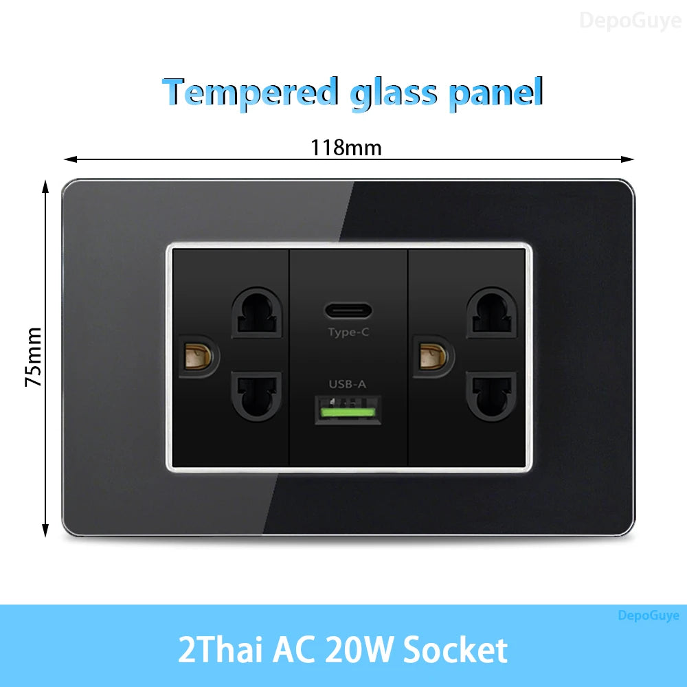 American Thai Standard USB Type-C 20W Fast Charging Power Outlet, Mexico with Smart USB C 3A Socket Wall Electric Light Switch