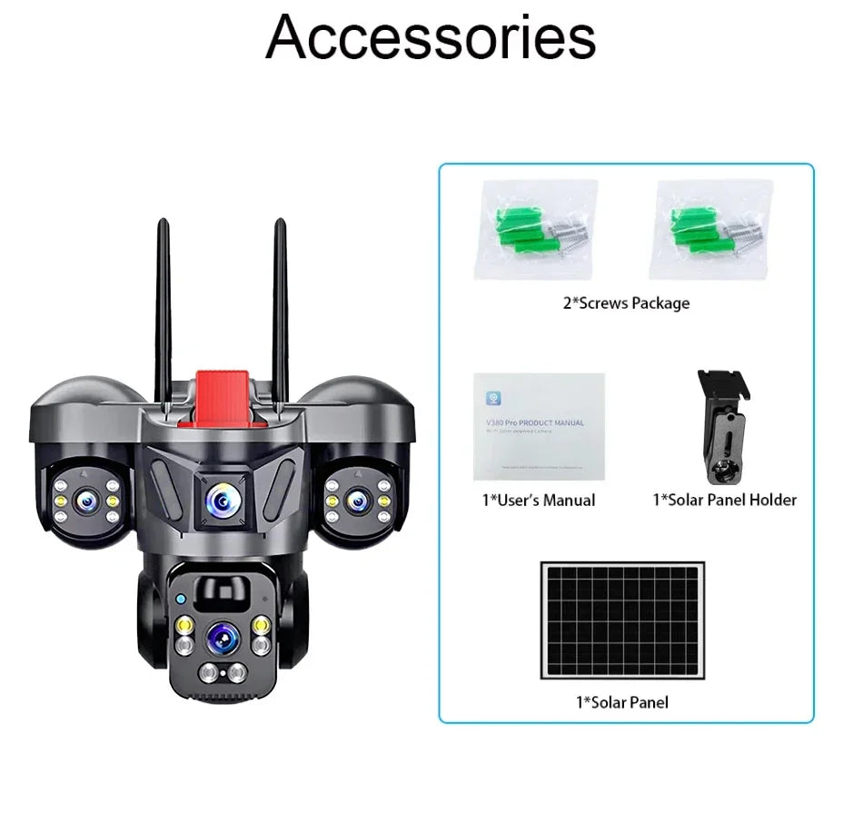 4G Solar Panel PTZ Camera 8MP Triple Lens Outdoor WiFi CCTV With High-speed Memory Card (Optio Home Security Surveillance Camera