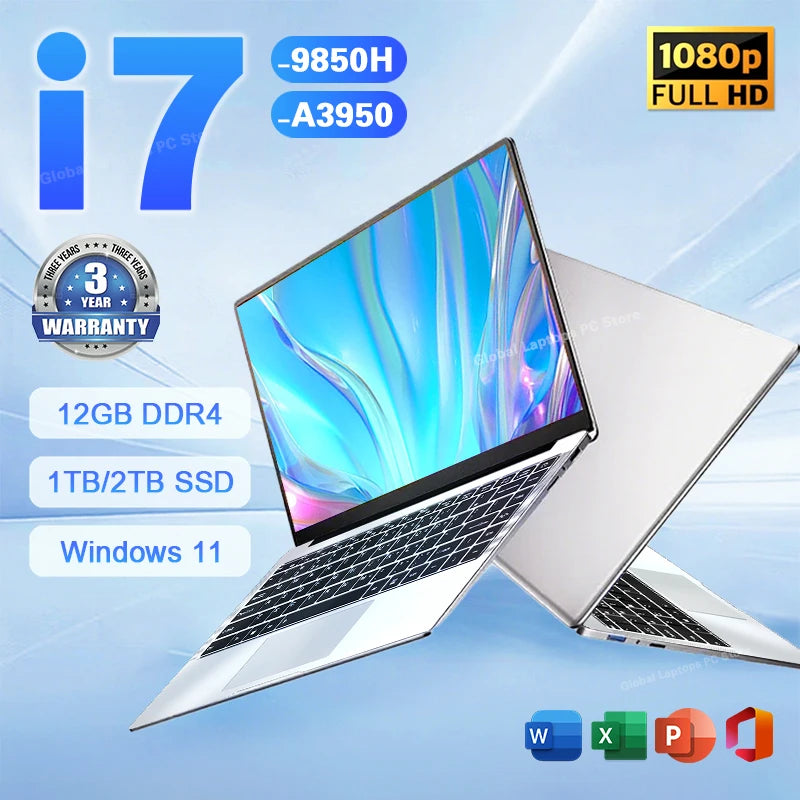 2026 Laptop Core i7 9850H A3950 Portable Laptops Windows 11 Pro 16GB RAM 1TB SSD 1920*1080 HD PC Gaming Computer Notebook Gamer