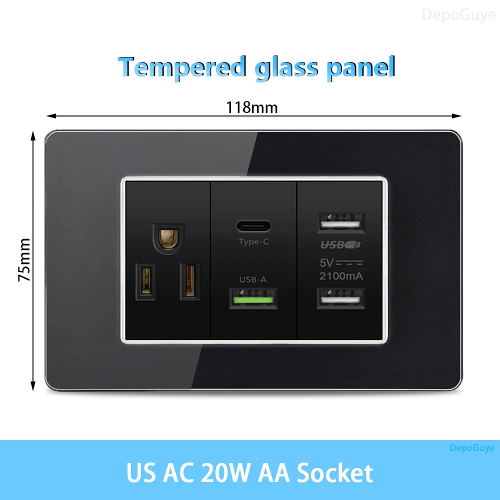 American Thai Standard USB Type-C 20W Fast Charging Power Outlet, Mexico with Smart USB C 3A Socket Wall Electric Light Switch