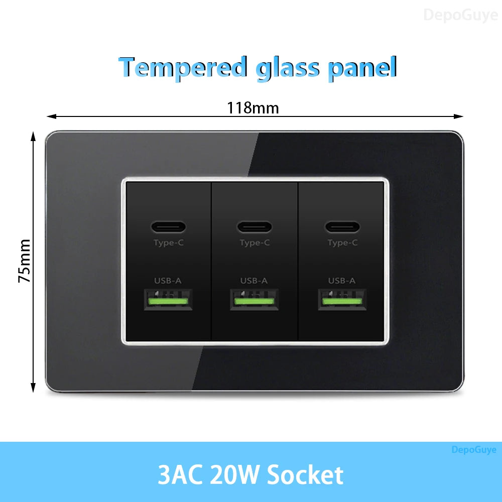 American Thai Standard USB Type-C 20W Fast Charging Power Outlet, Mexico with Smart USB C 3A Socket Wall Electric Light Switch