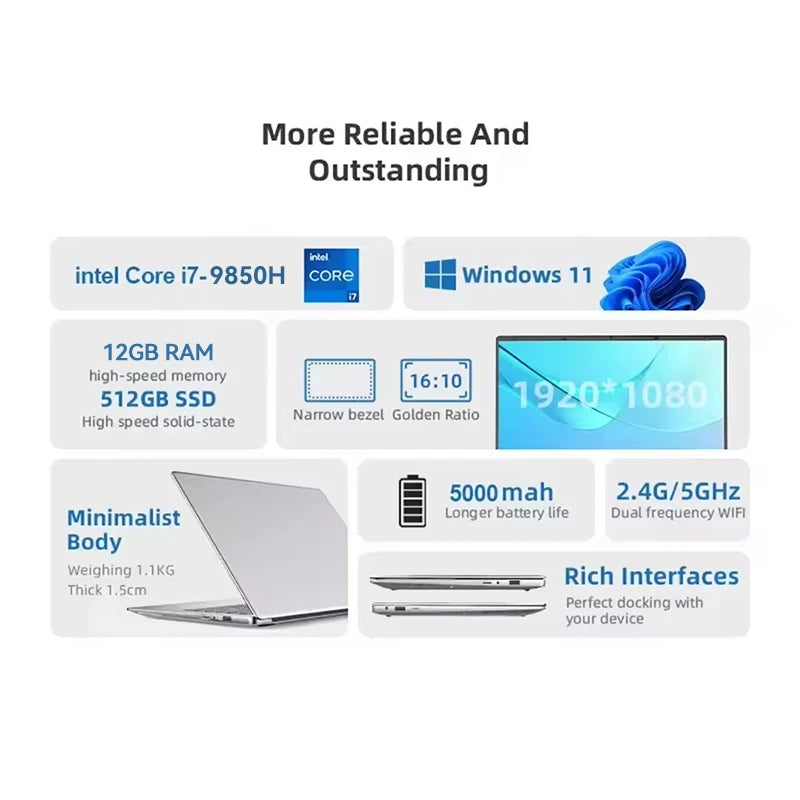 2026 Laptop Core i7 9850H A3950 Portable Laptops Windows 11 Pro 16GB RAM 1TB SSD 1920*1080 HD PC Gaming Computer Notebook Gamer