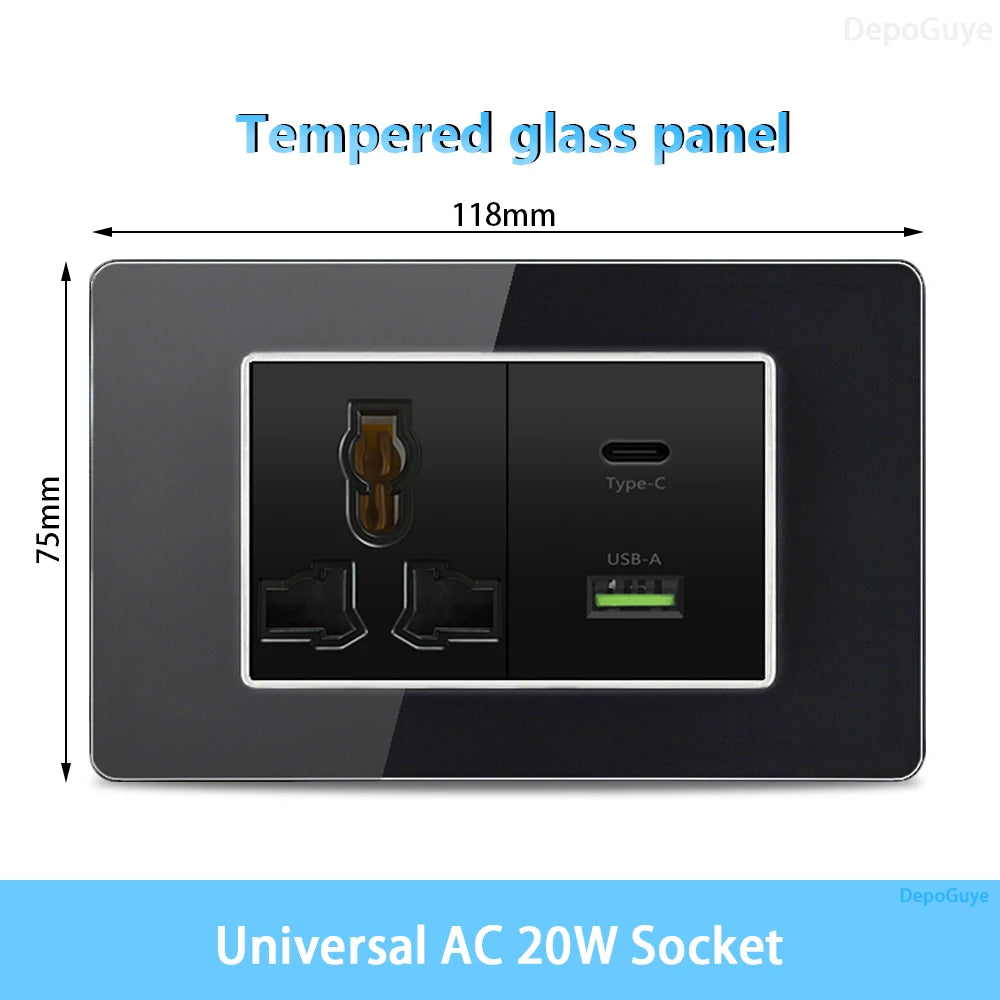 American Thai Standard USB Type-C 20W Fast Charging Power Outlet, Mexico with Smart USB C 3A Socket Wall Electric Light Switch