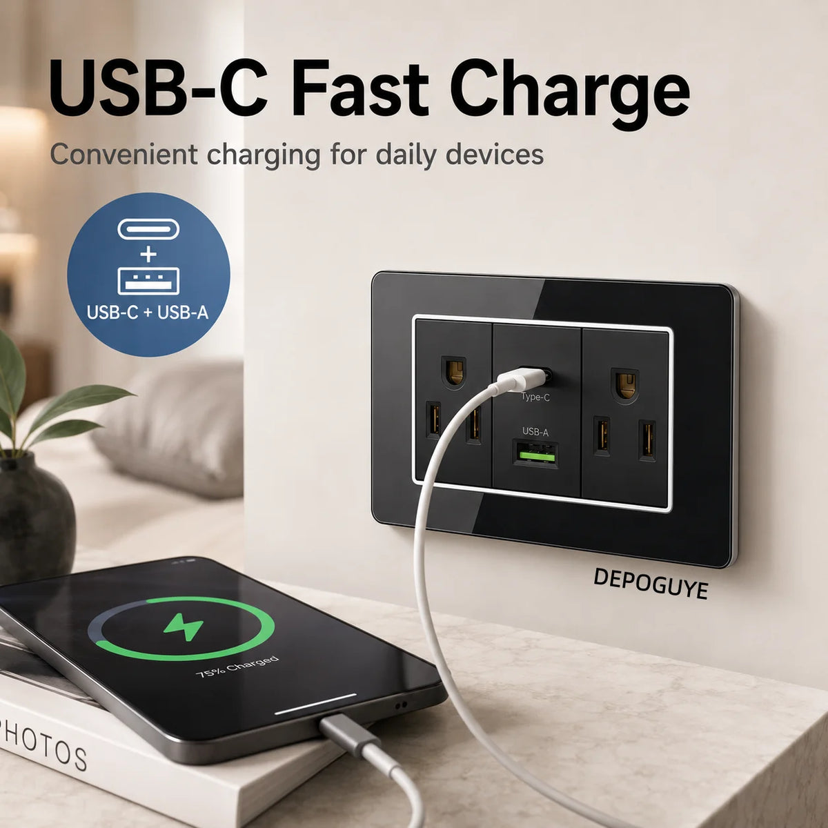 American Thai Standard USB Type-C 20W Fast Charging Power Outlet, Mexico with Smart USB C 3A Socket Wall Electric Light Switch