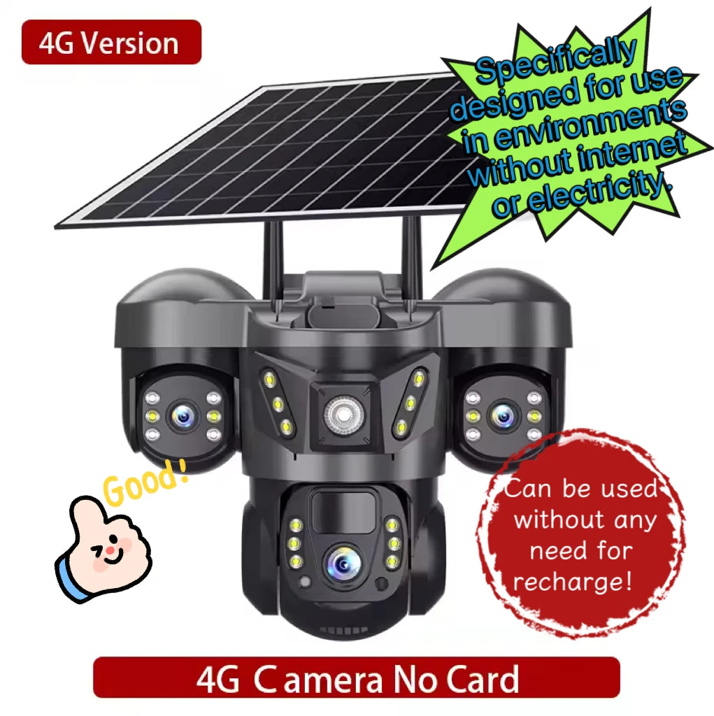 4G Solar Panel PTZ Camera 8MP Triple Lens Outdoor WiFi CCTV With High-speed Memory Card (Optio Home Security Surveillance Camera