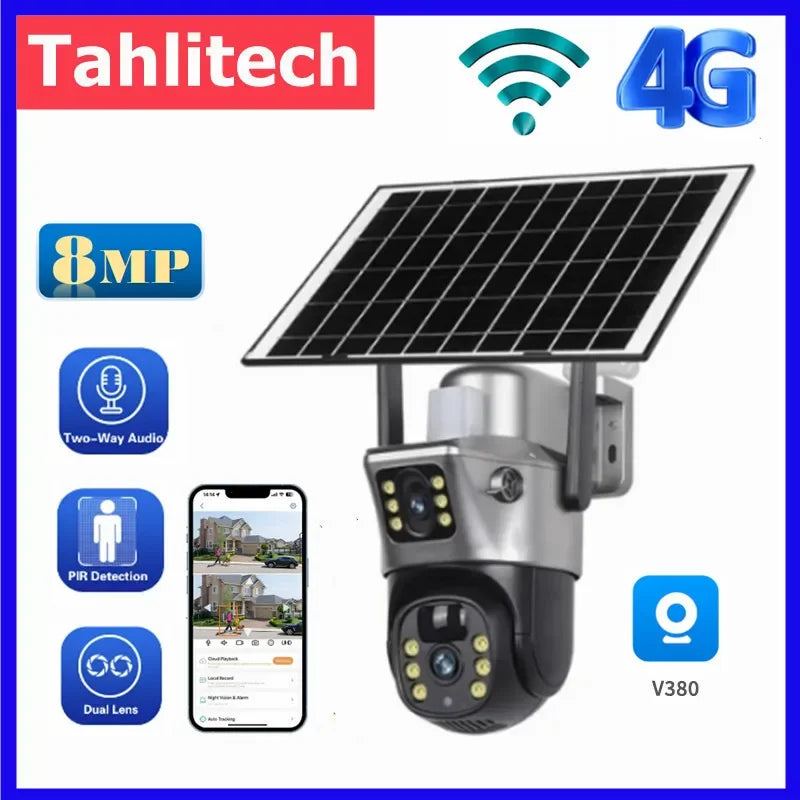 2026 Outdoor 4K 8MP Wireless Solar Camera 4G Sim Dual Lens Wifi IP PIR HD Night Vision Camera V380Pro PTZ Security CCTV Monitor
