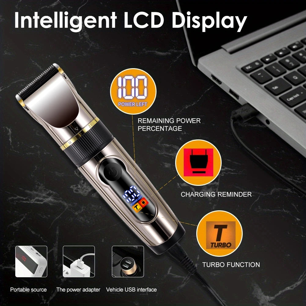 Professional Hair Clipper Ceramic Blade Male Hair Trimmer LED Display Haircut Machine USB Charging