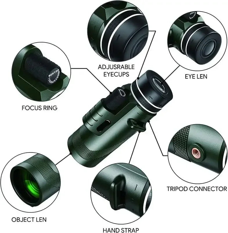 80x100 HD Monocular for Smartphone Adapter & Tripod Telescope with BAK4 Prism for Birdwatching, Hunting, Hiking, Outdoor Camping
