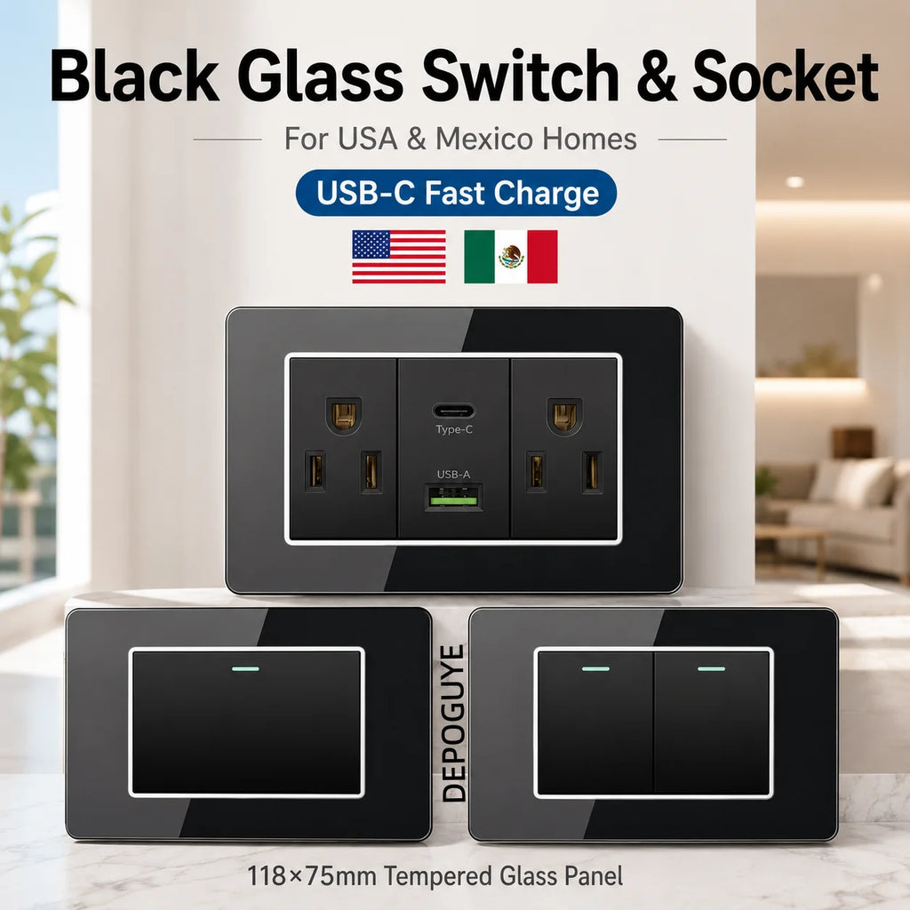 American Thai Standard USB Type-C 20W Fast Charging Power Outlet, Mexico with Smart USB C 3A Socket Wall Electric Light Switch