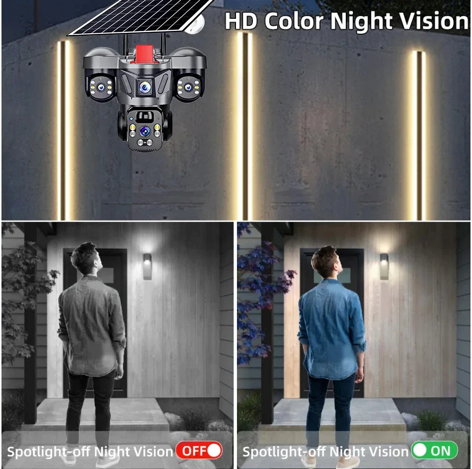 4G Solar Panel PTZ Camera 8MP Triple Lens Outdoor WiFi CCTV With High-speed Memory Card (Optio Home Security Surveillance Camera