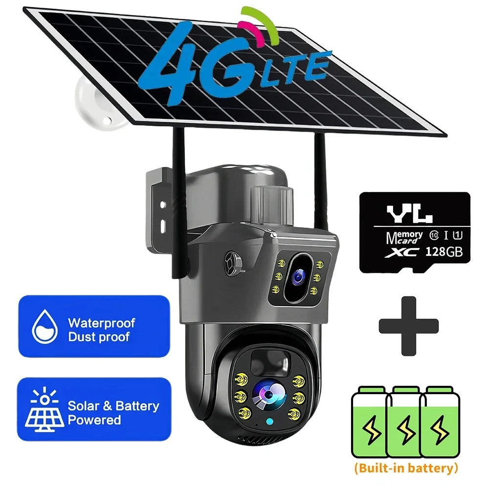 2026 Outdoor 4K 8MP Wireless Solar Camera 4G Sim Dual Lens Wifi IP PIR HD Night Vision Camera V380Pro PTZ Security CCTV Monitor