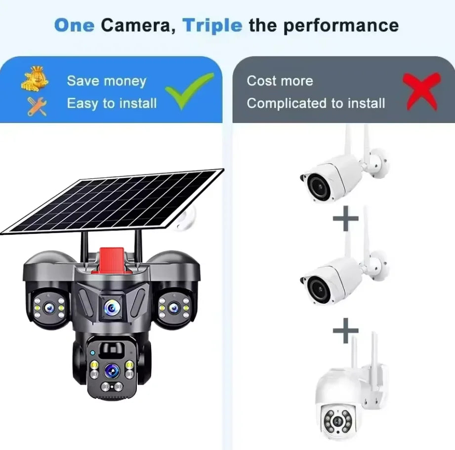 4G Solar Panel PTZ Camera 8MP Triple Lens Outdoor WiFi CCTV With High-speed Memory Card (Optio Home Security Surveillance Camera