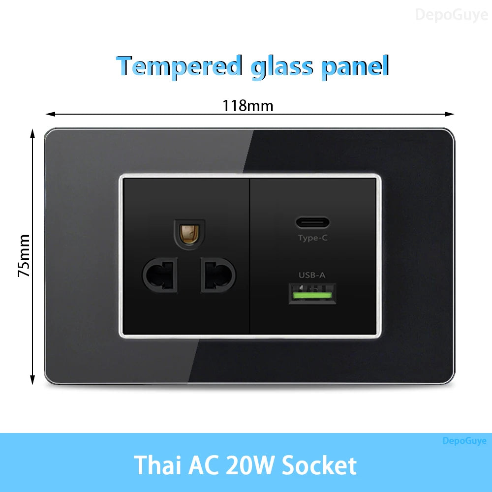 American Thai Standard USB Type-C 20W Fast Charging Power Outlet, Mexico with Smart USB C 3A Socket Wall Electric Light Switch