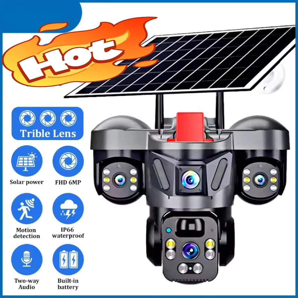 4G Solar Panel PTZ Camera 8MP Triple Lens Outdoor WiFi CCTV With High-speed Memory Card (Optio Home Security Surveillance Camera